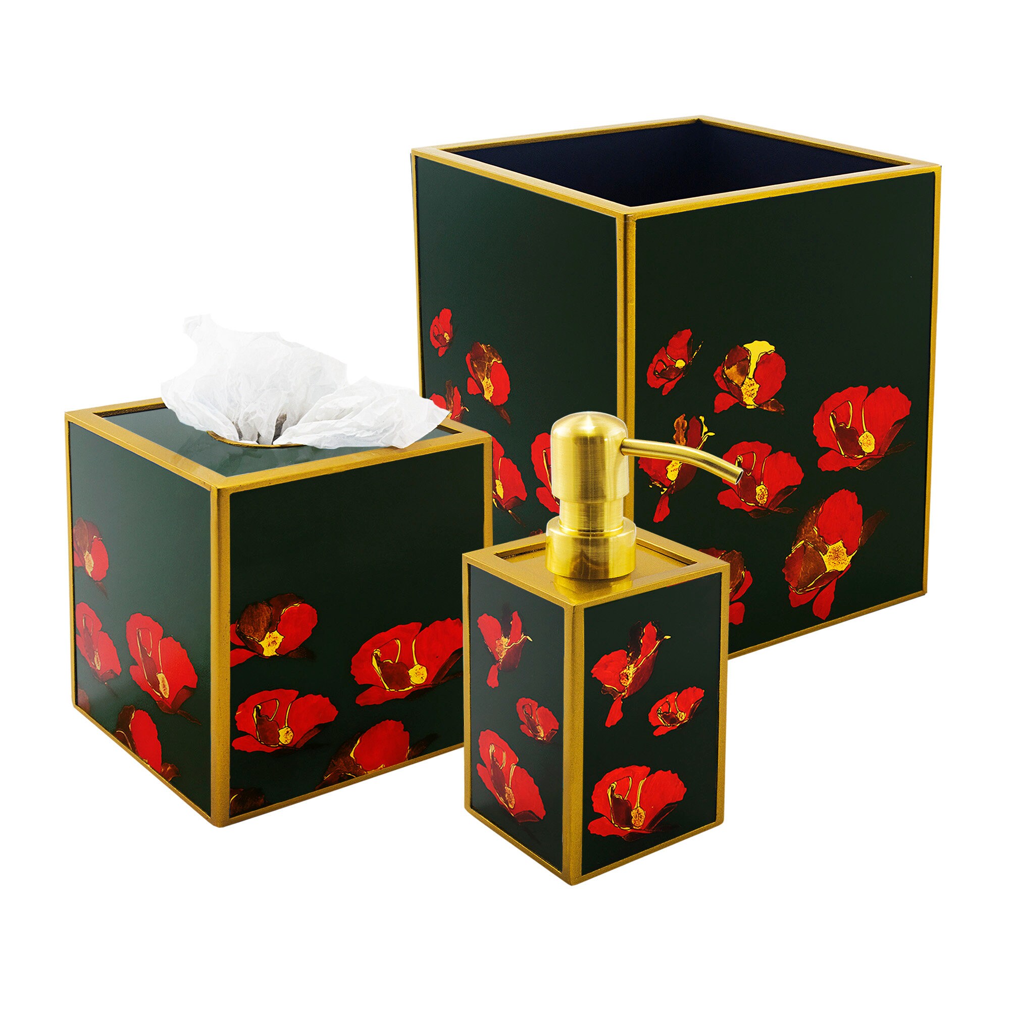 Set Pour Salle de Bains - Grandes Fleurs Coquelicots Distributeur Savon, Boîte à Mouchoirs, Petite P