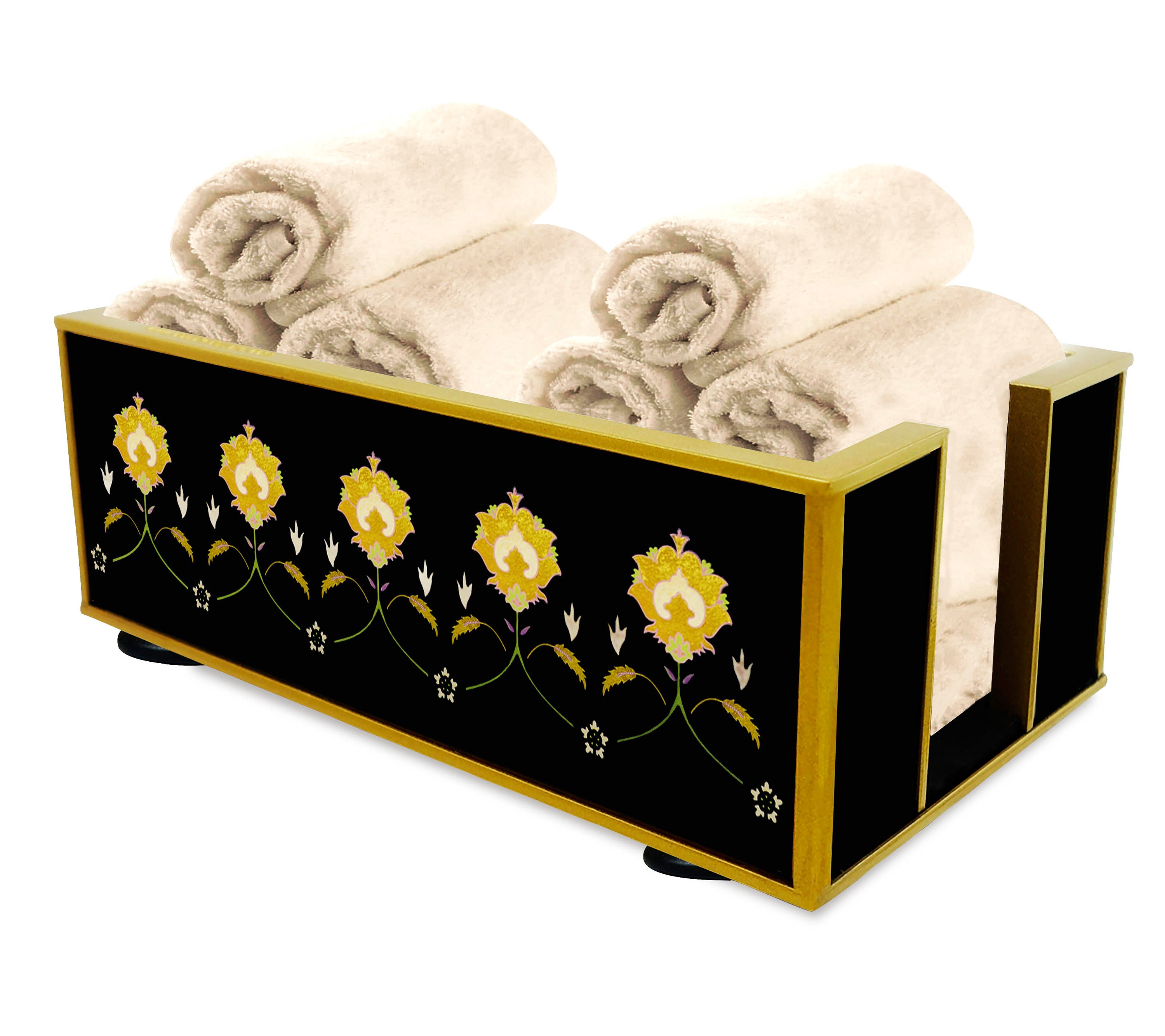 Support Serviettes - Feuilles de Dorure sur Fond Noir Présentoir à Pour Salle Bains en Fixé Sous Ver