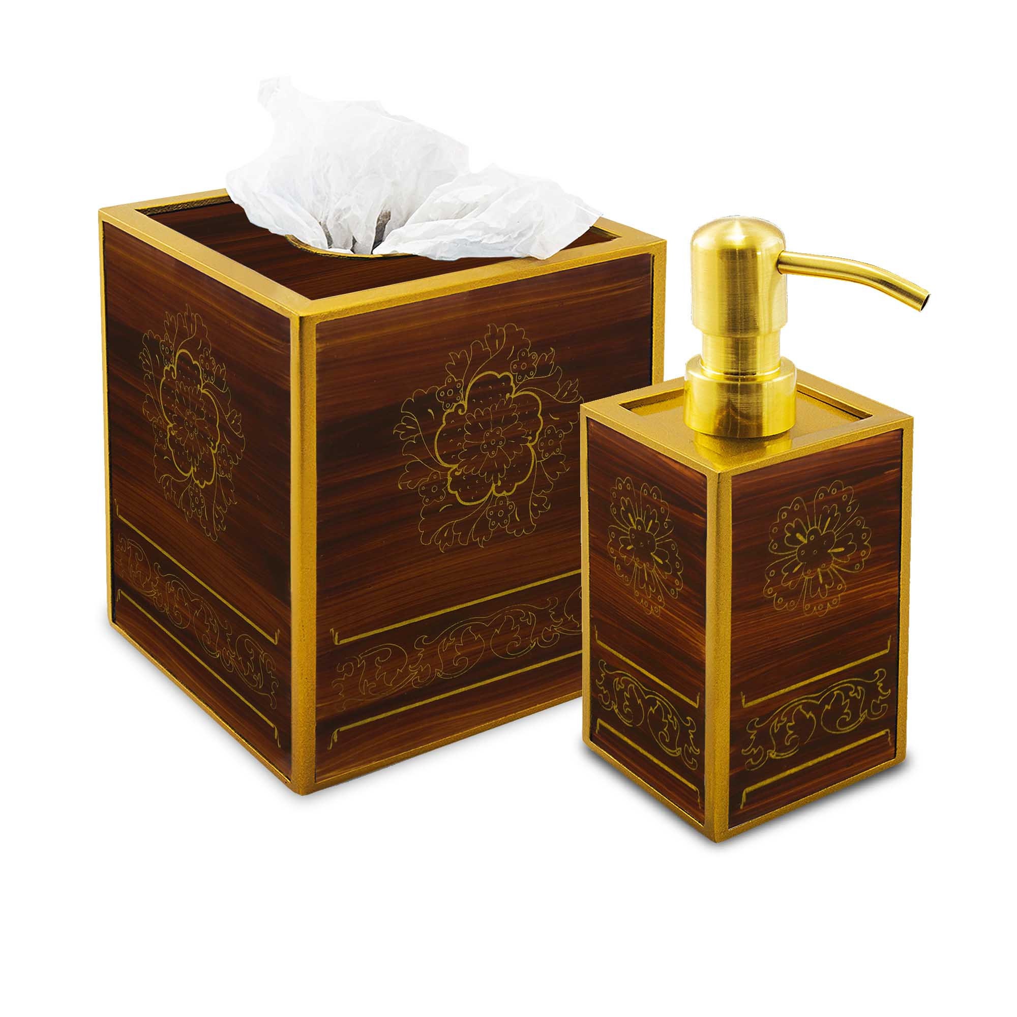 Set Pour Salle de Bains - Ecusson Russe sur Fond Bois Foncé Ensemble Bains Cache à Mouchoirs et Dist