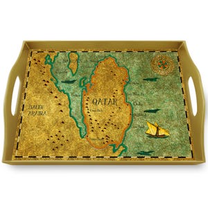 Plateau Cuisine - Carte ancienne Qatar Boussole et Navire - Plateau rectangulaire en fixé sous verre avec structure d'aluminium