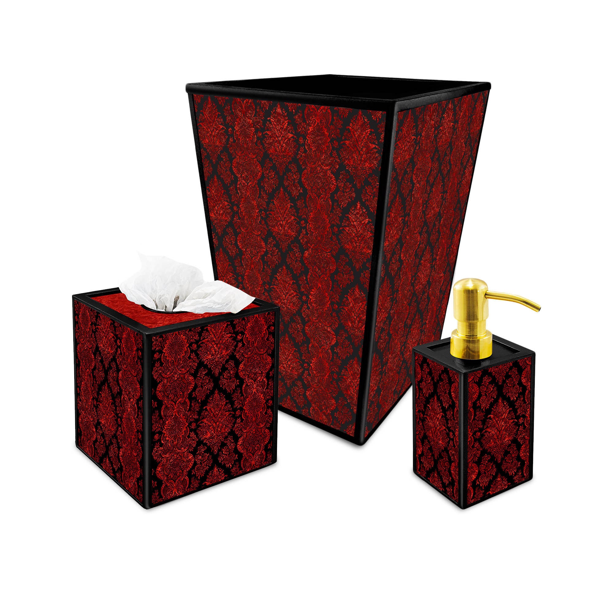 Accessoires Pour Salle de Bains - Papier Peint Fleurs Rouges Style Victorien Poubelle, Boite à Mouch