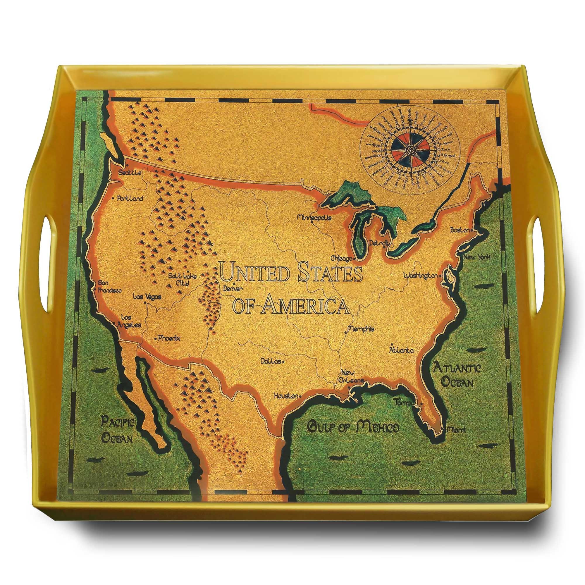 Plateau Déjeuner - Carte Ancienne Etats Unis Boussole et Navire Plateau Carré en Fixé Sous Verre ave