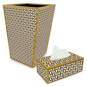 Tissue Holder - Black and White Stars with Gold Lines - Decorative 2-Piece Bath Set - Hand-Painted Design - Tissue holder and Paper Basket