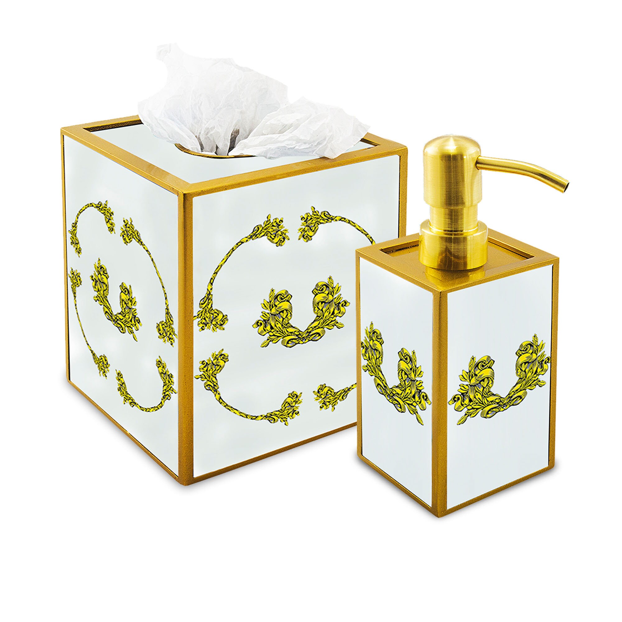 Décoration Salle de Bains - Dorures sur Fond Blanc Style Empire Classique Ensemble Cache à Mouchoirs