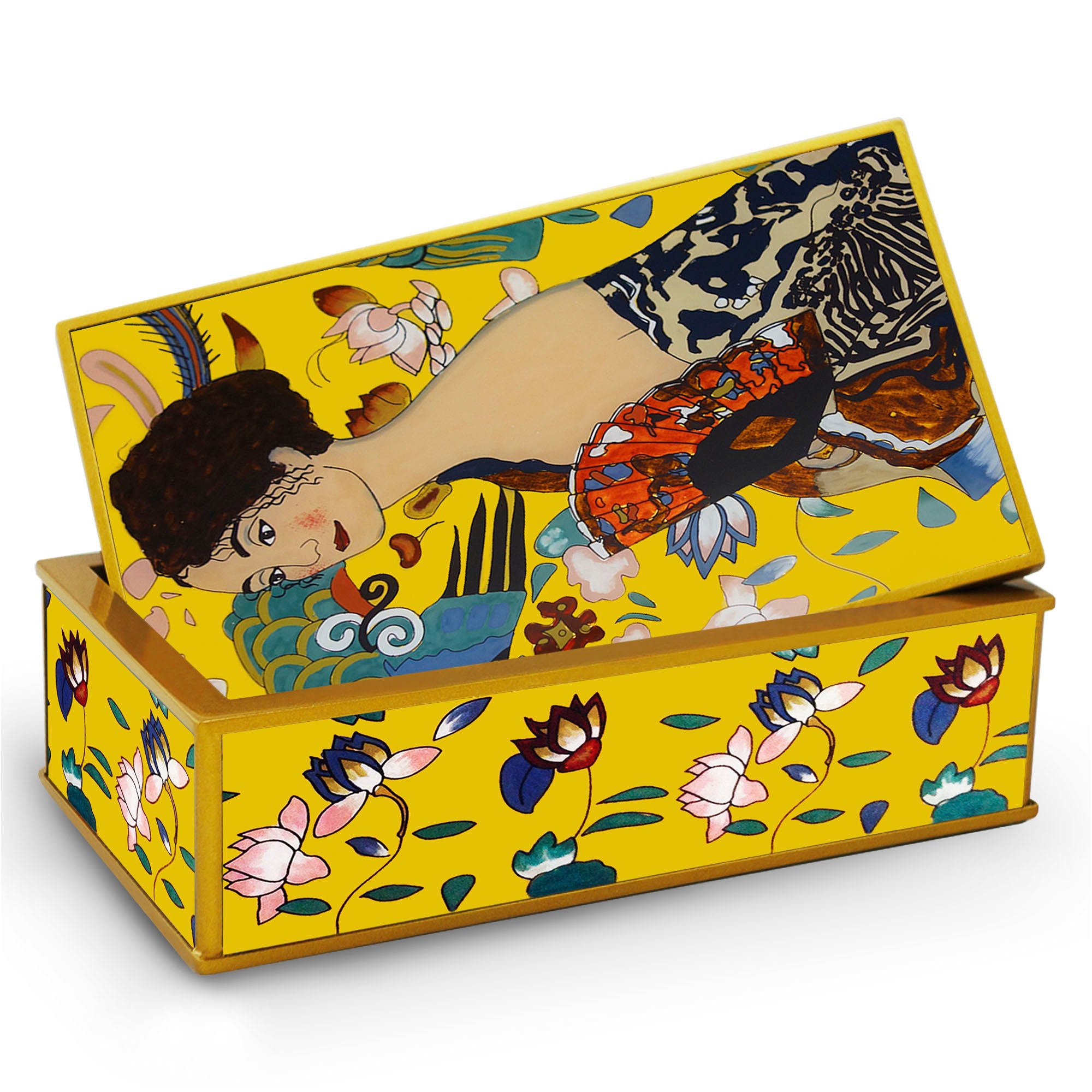 Coffret en Bois - Femme à L'éventail de Gustav Klimt Coffret Rectangulaire Fixé Sous Verre