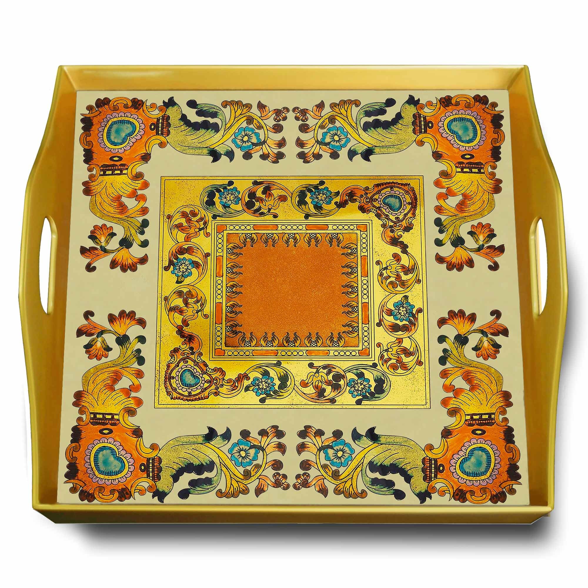 Plateau en Verre - Fleurs et Feuilles de Dorure Style Traditionnel Italien Plateau Carré en Fixé Sou