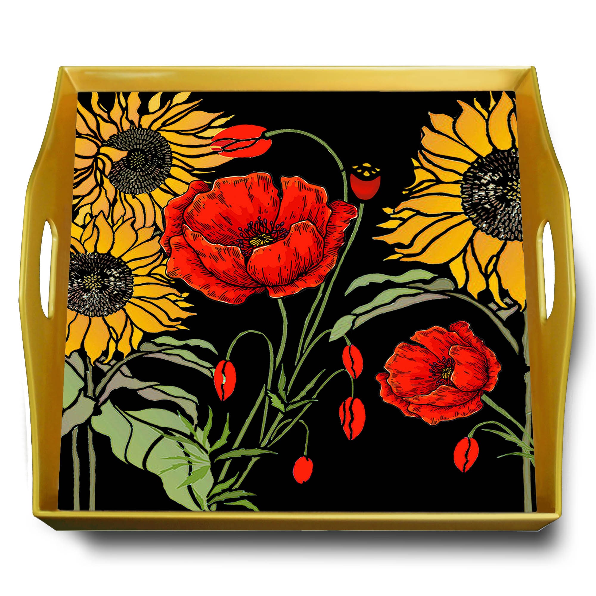 Plateau A Fromage - Tournesol et Pavot Plateau Carré en Fixé Sous Verre avec Structure d'aluminium