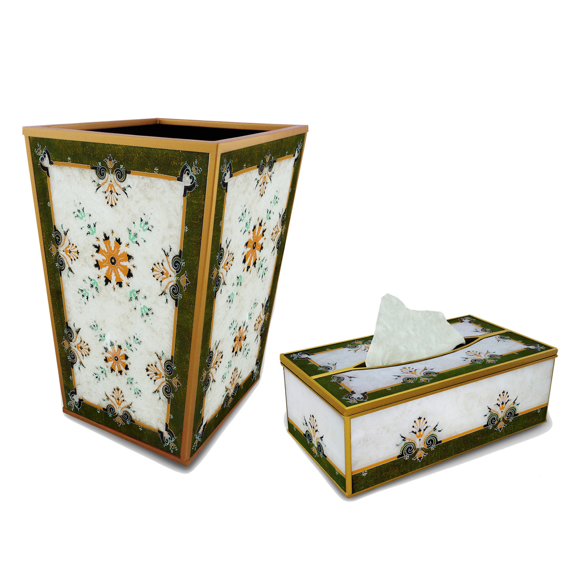 Boite à Mouchoirs et Poubelle - Arabesque Vert Blanc Style Ottoman Offre Groupée Papiers + Boîte Mou