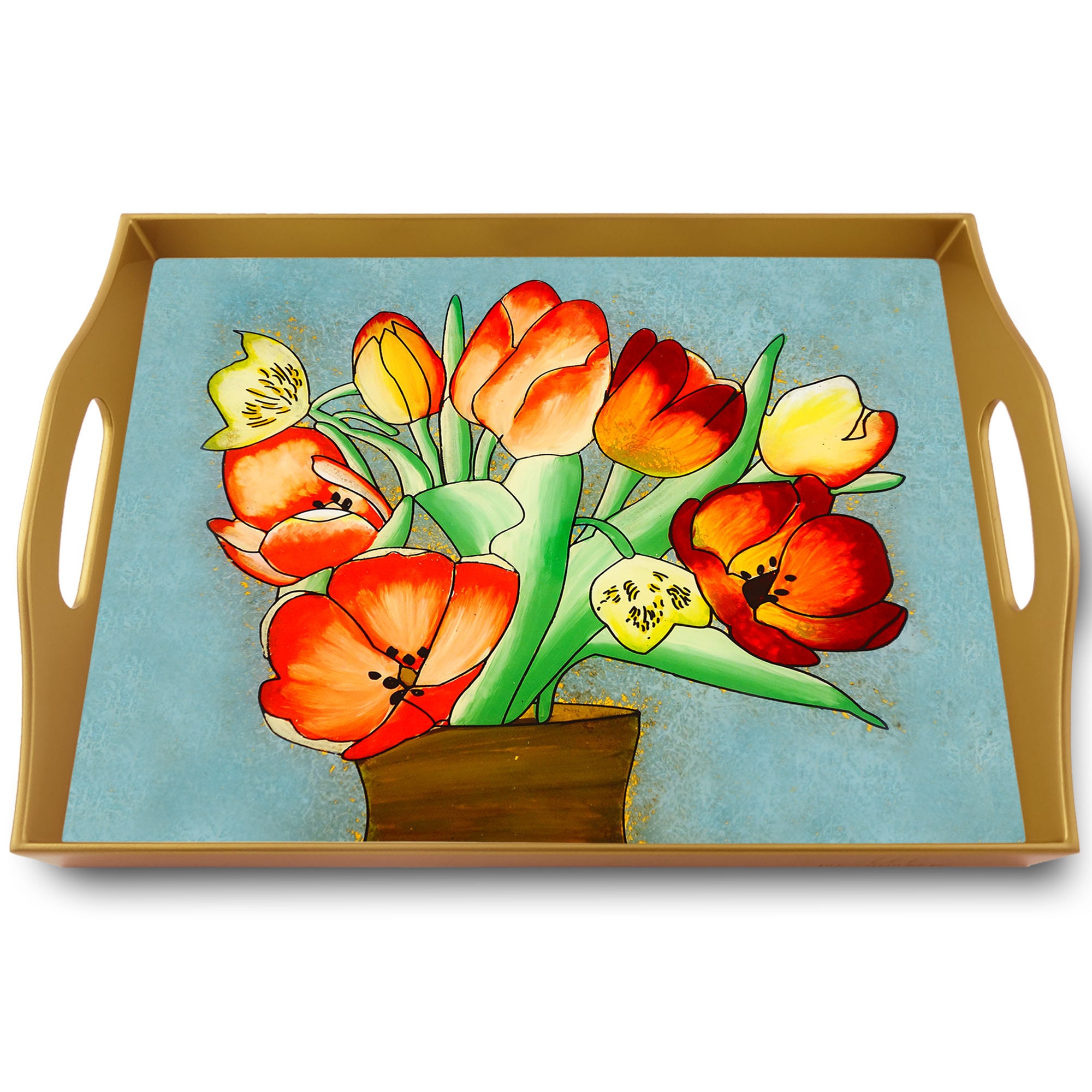 Plateau Table - Bouquet de Tulipes Coloré Plateau Rectangulaire en Fixé Sous Verre avec Structure d'