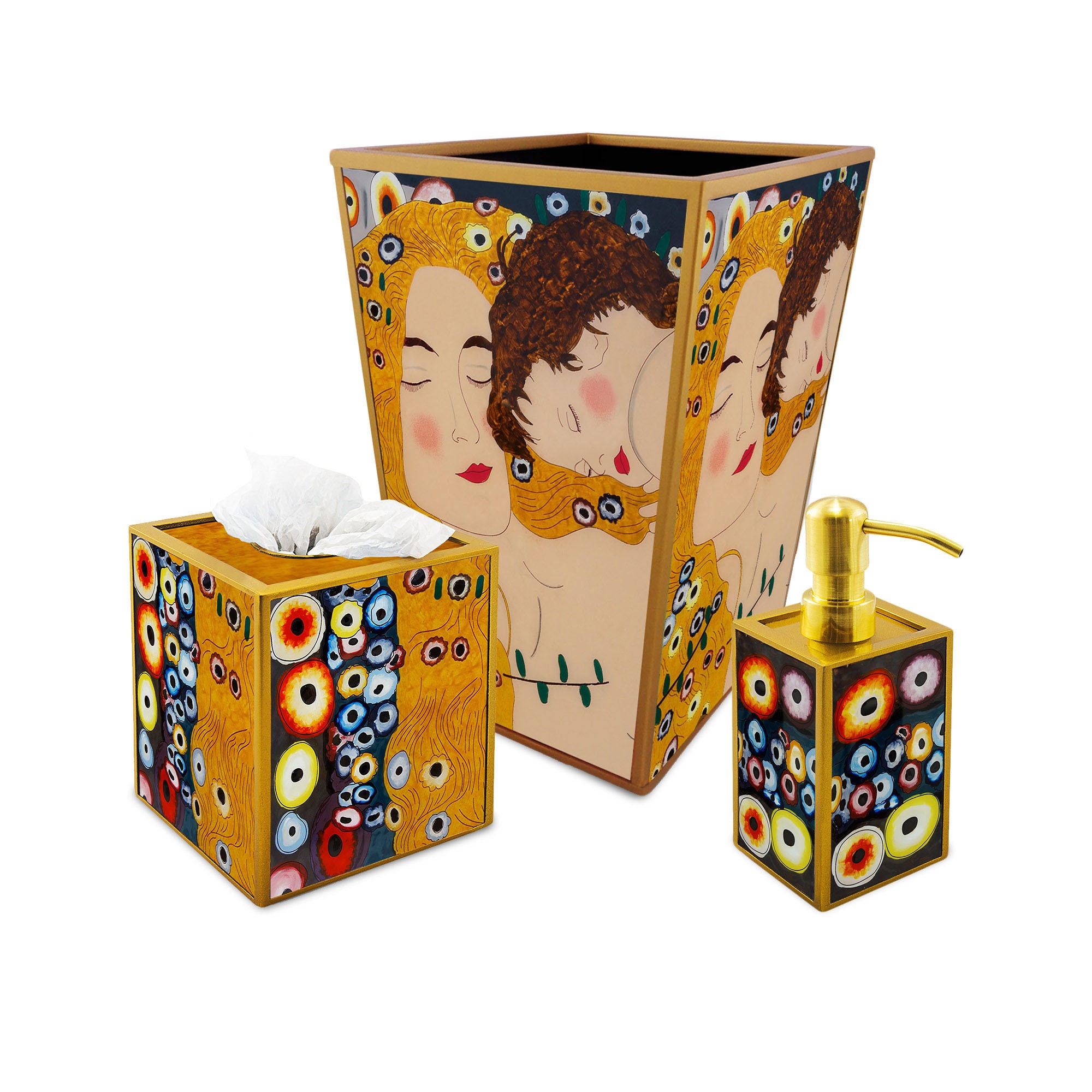 Accessoires Pour Salle de Bains - Les 3 Âges Gustav Klimt Ensemble Poubelle, Boite à Mouchoirs Carré