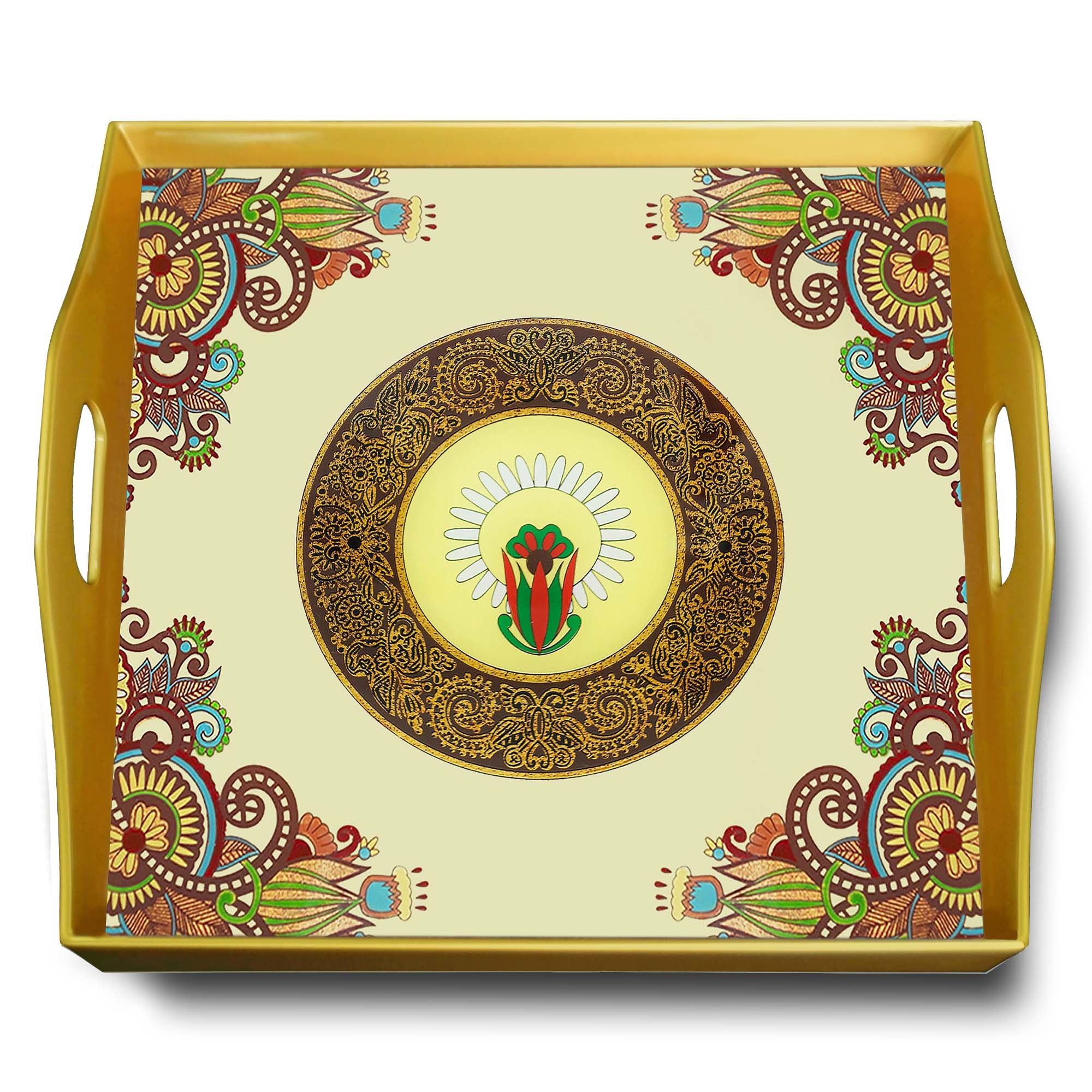 Plateau A Fromage - Fleurs Colorées Style Traditionnel Russe Plateau Carré en Fixé Sous Verre avec S