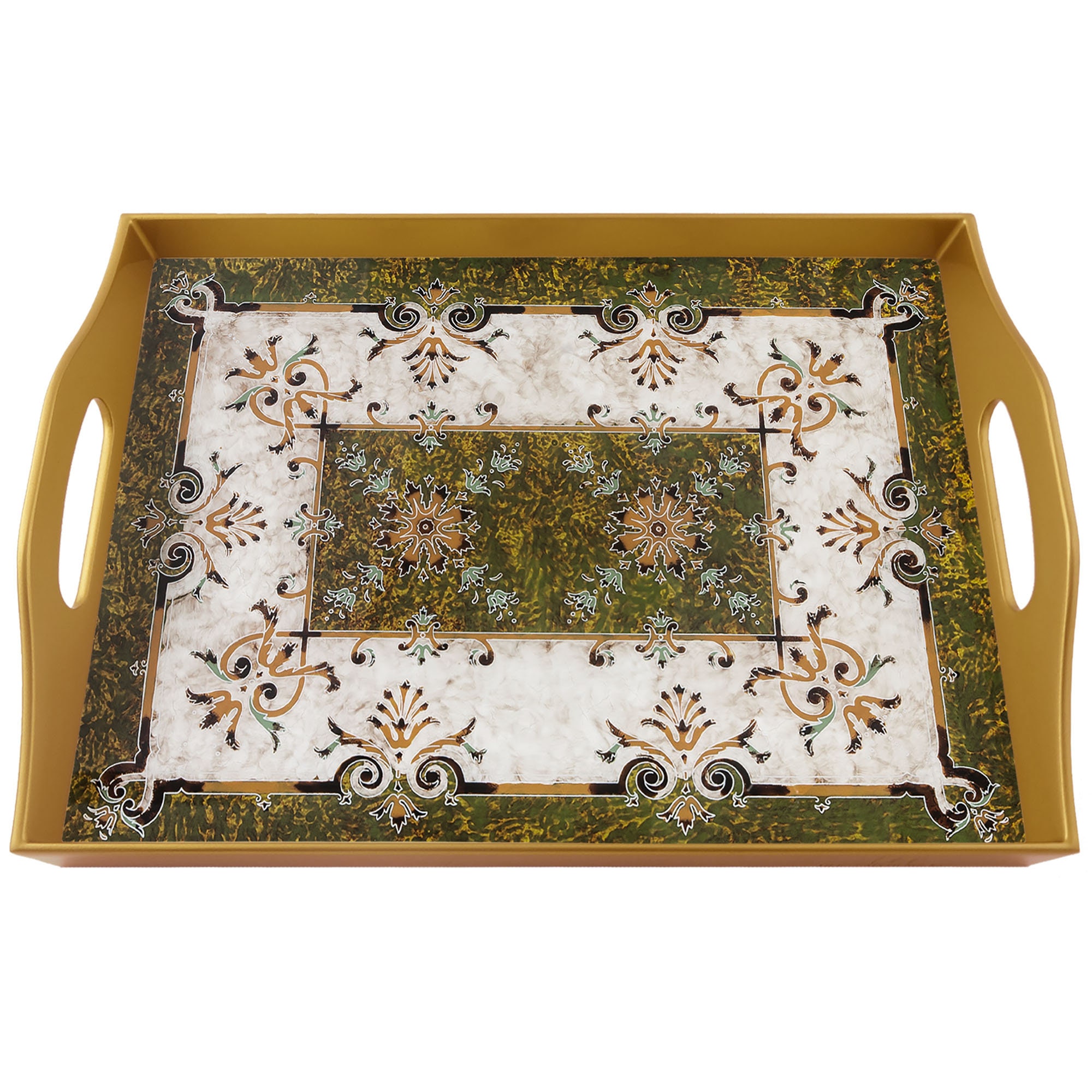 Plateau Apero - Arabesque Vert et Blanc Style Ottoman Plateau Rectangulaire en Fixé Sous Verre avec