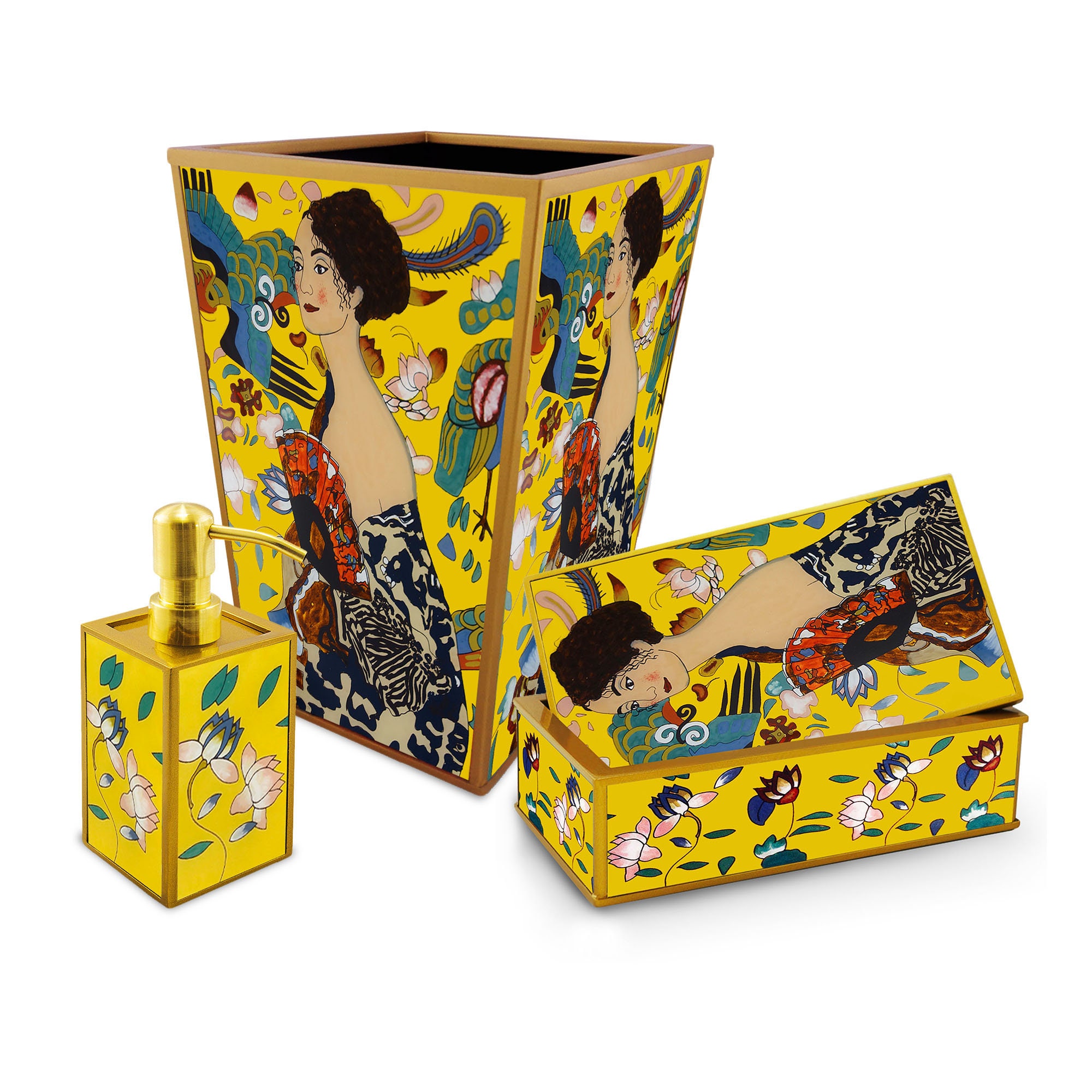 Accessoires Salle de Bains - Femme à L'éventail Gustav Klimt Ensemble Pour Bains Poubelle, Coffret e