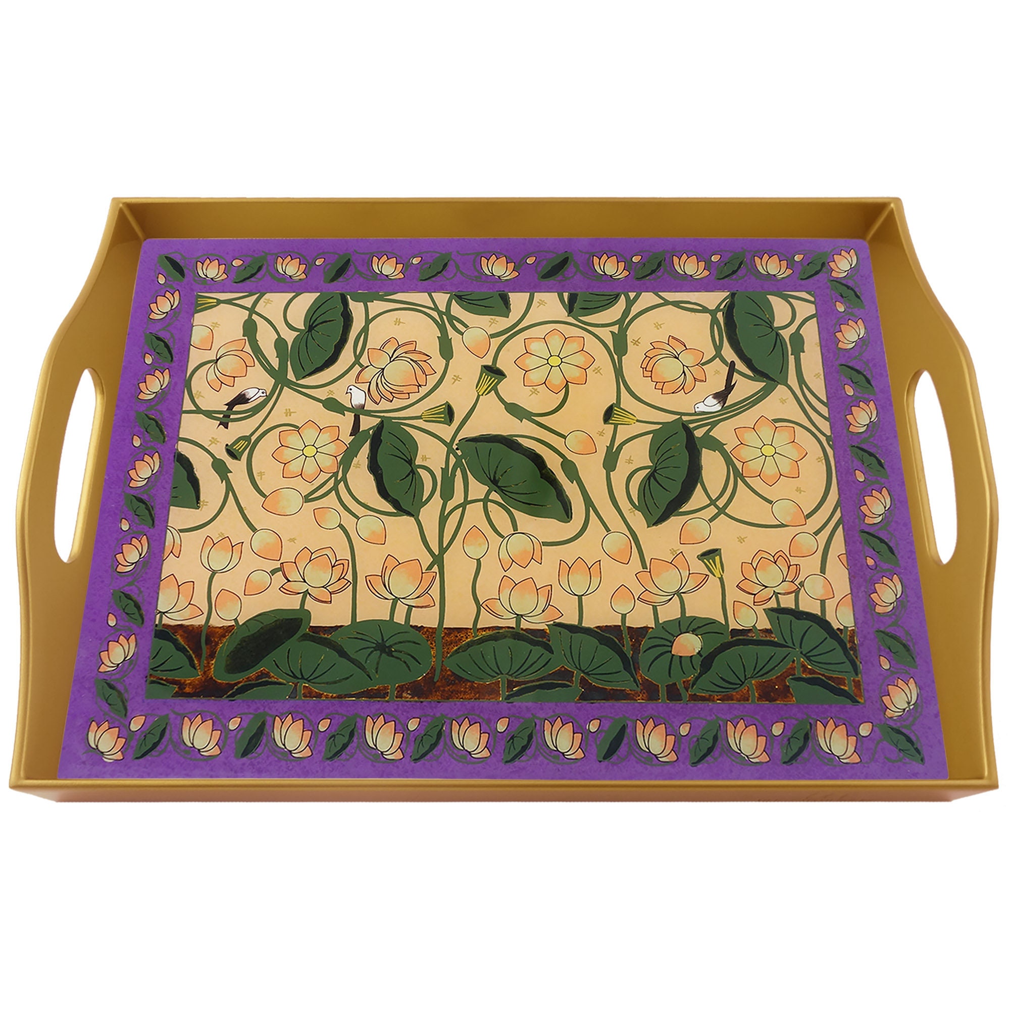 Plateau Apéritif - Fleurs de Lotus sur Fond Abricot Plateau Rectangulaire en Fixé Sous Verre avec St