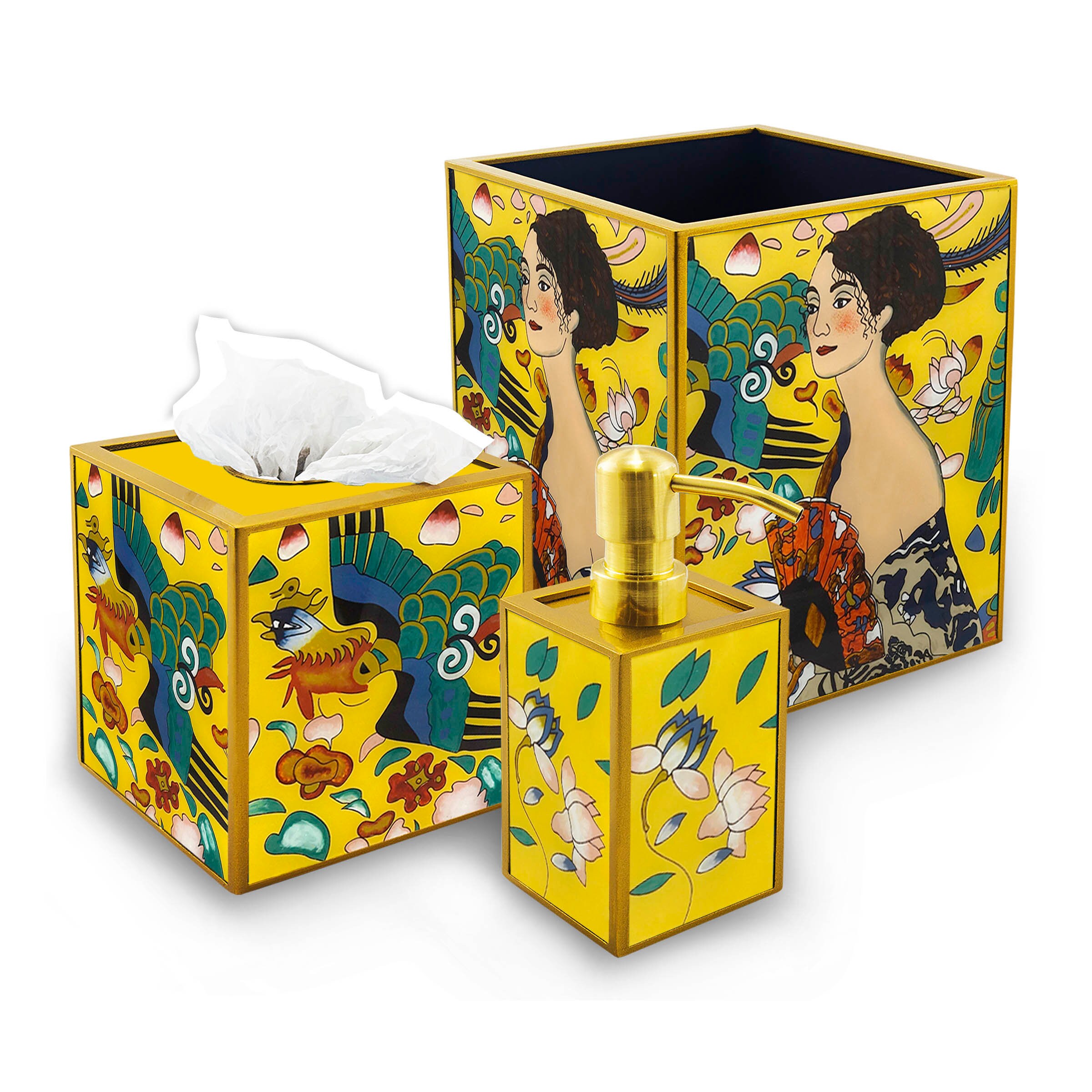 Set Pour Salle de Bains - Femme à L'éventail Gustav Klimt Distributeur Savon, Boîte Mouchoirs, Petit