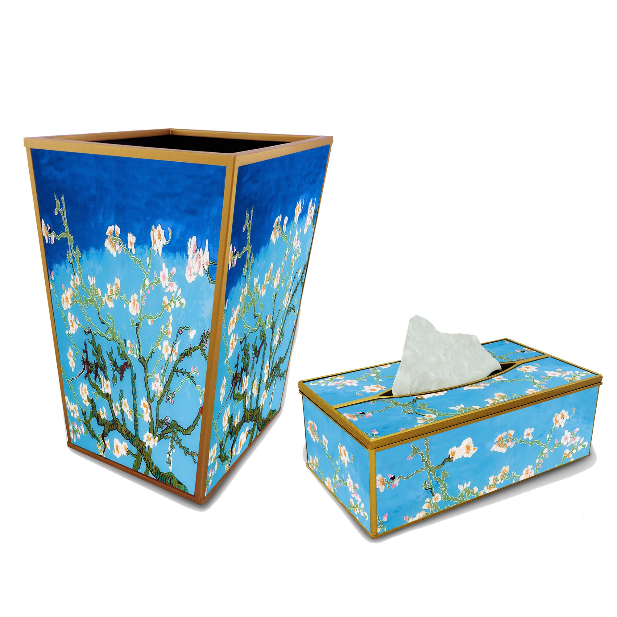Décoration Entrée - Amandier en Fleurs Van Gogh Offre Groupée Poubelle à Papiers + Boîte Mouchoirs