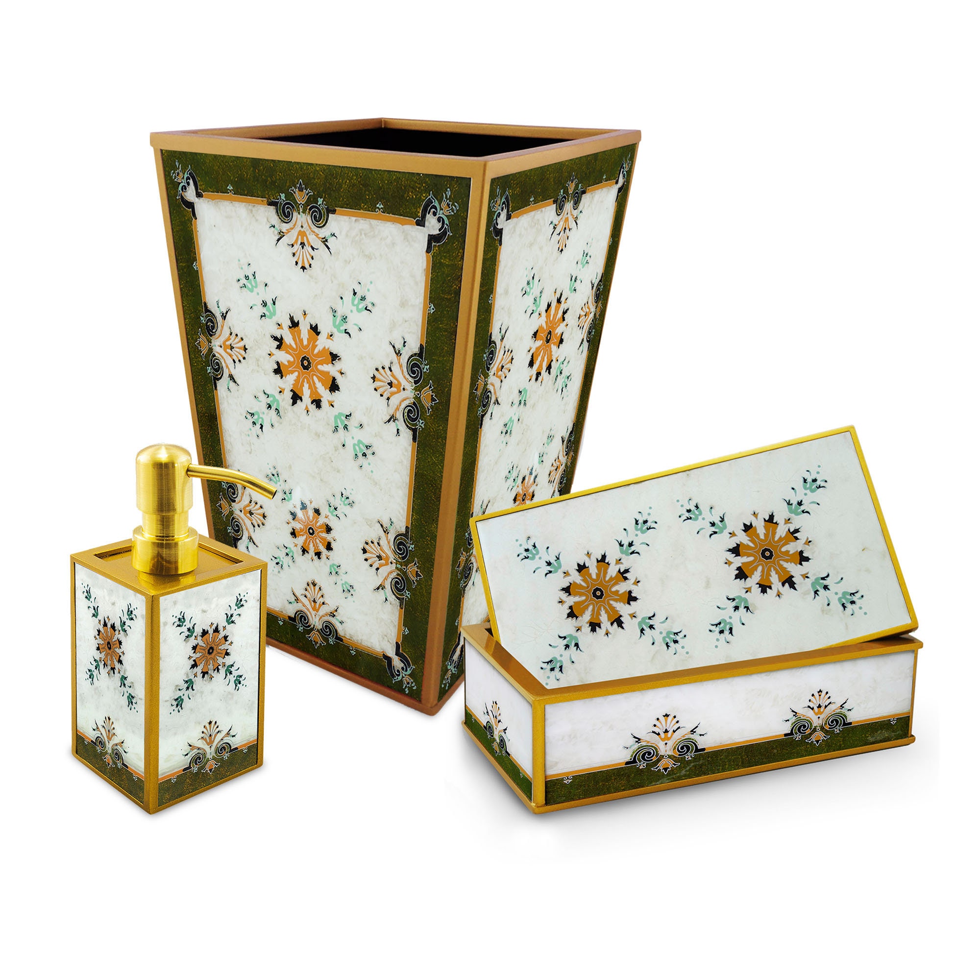 Accessoires Pour Salle de Bains - Arabesque Vert et Blanc Style Ottoman Ensemble Poubelle, Coffret D