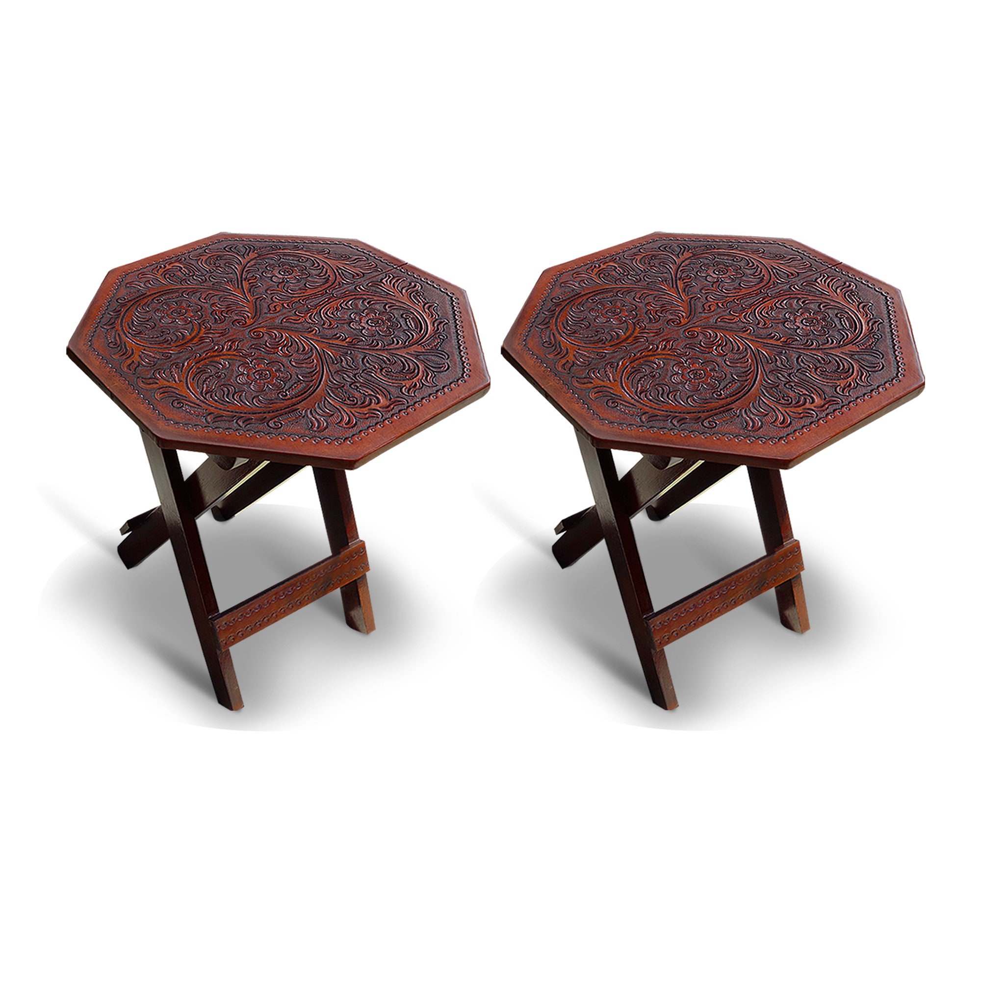 Tabouret Hexagonal - Cuir de Cordoue Marron Moyen Ensemble 2 Tabourets Pliants