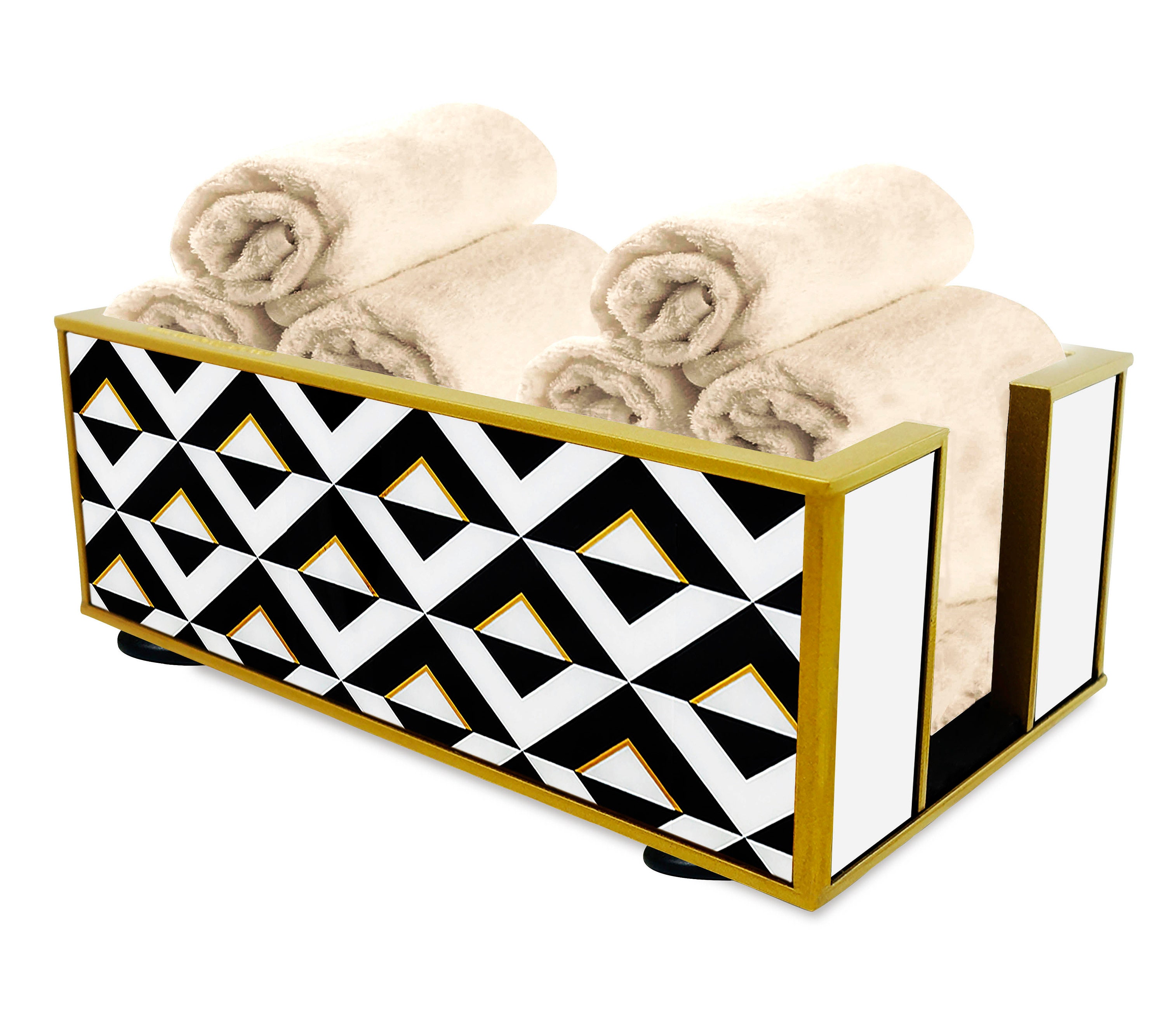 Présentoir à Serviettes - Triangles Blancs et Noirs avec Ligne Dorée Présentoir Pour Salle de Bains 