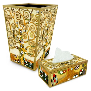 Klimt Tissue Cover - Gustav Klimt's Tree of Life - Decorative 2-Piece Bath Set - Hand-Painted Design - Tissue Holder and  Paper Basket