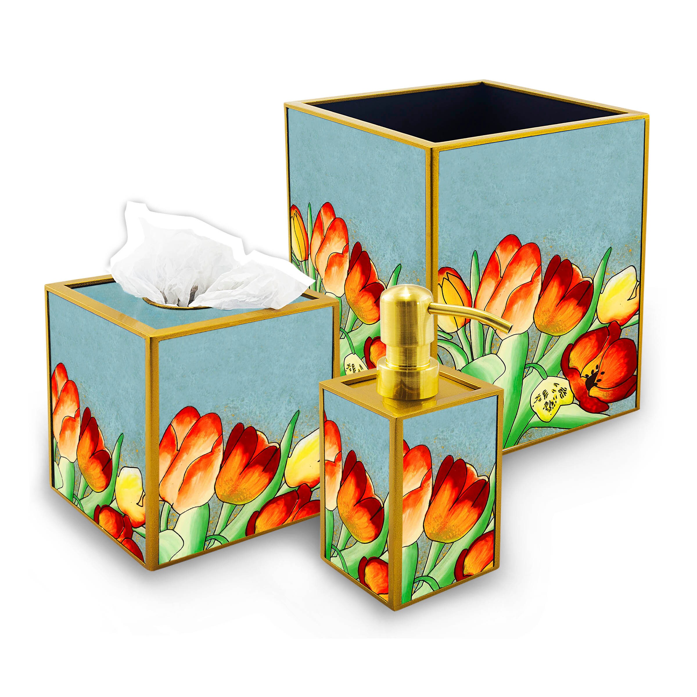 Set Pour Salle de Bains - Bouquet Tulipes Coloré Distributeur Savon, Boîte à Mouchoirs, Petite Poube
