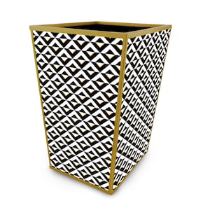 Decorative Waste Basket - Black and White Triangles - Gold Lines Accents - Personalized Waste Bin - Handmade Decorative Trash Can