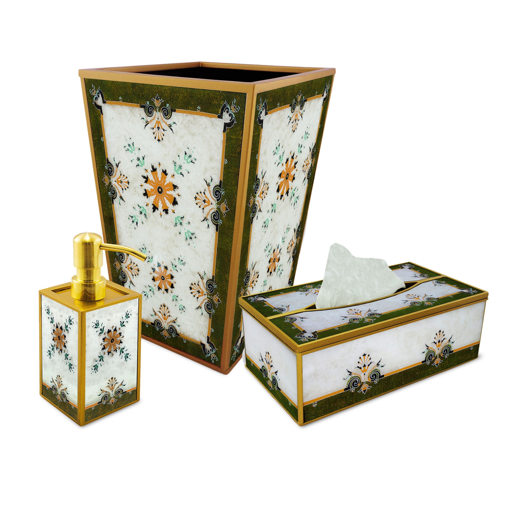 Accessoires Pour Salle de Bains - Arabesque Vert et Blanc Style Ottoman Ensemble Poubelle, Boite à M