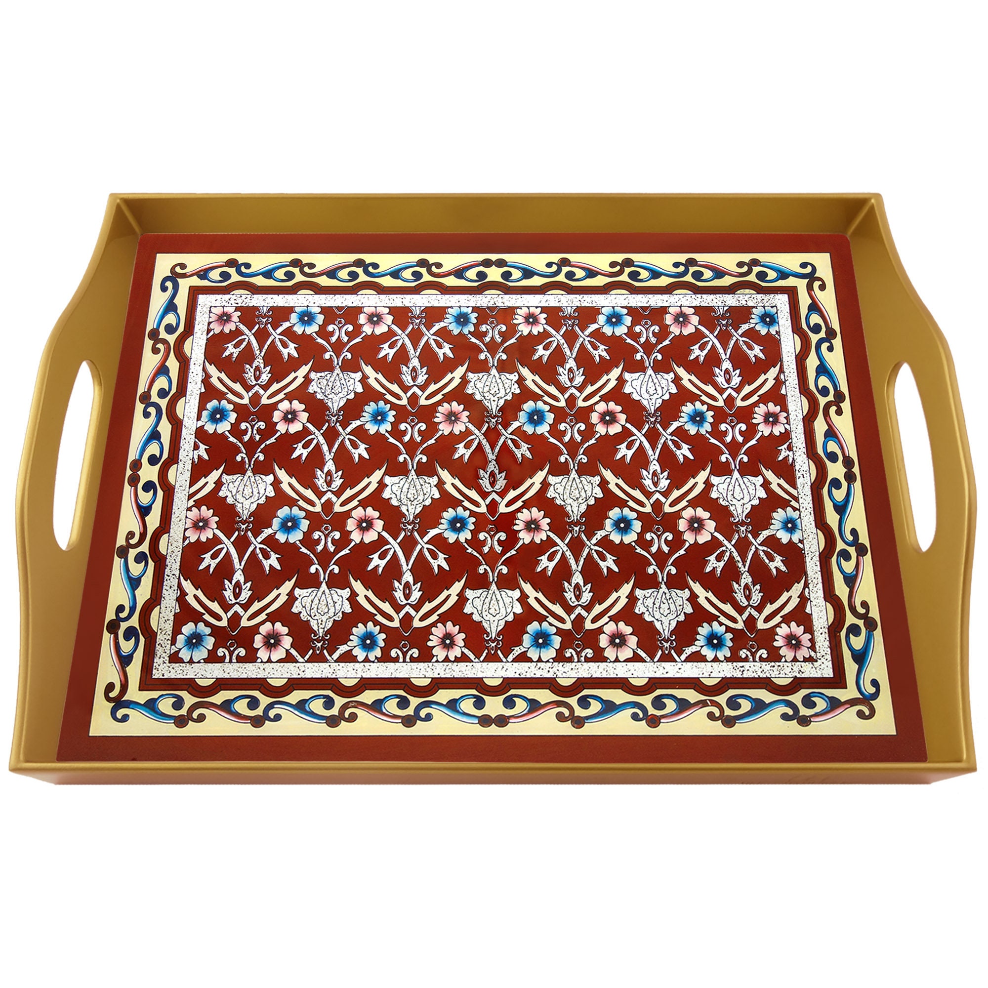 Plateau Lit - Fleurs Persannes Rouges Classique Plateau Rectangulaire en Fixé Sous Verre avec Struct