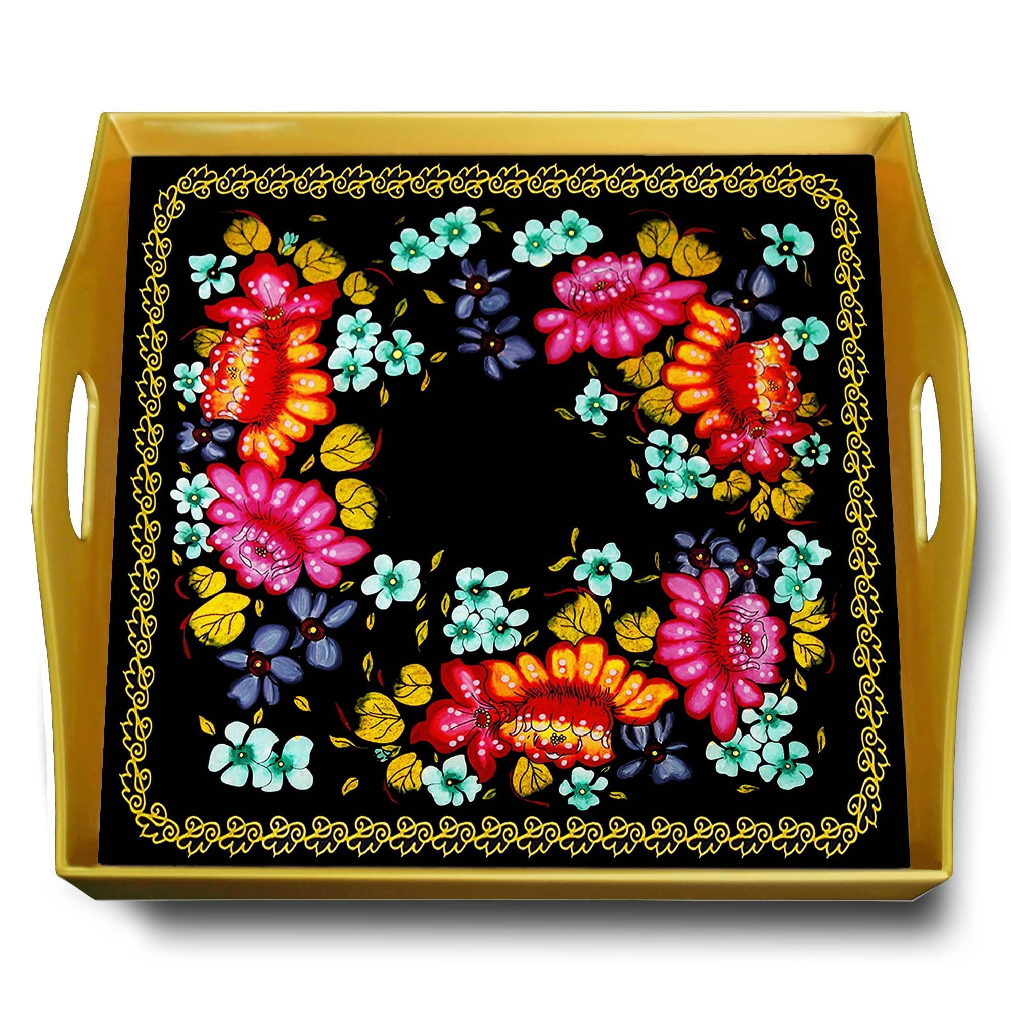 Plateau A Fromage - Design Traditionnel Russe avec Fleurs Plateau Carré en Fixé Sous Verre Structure