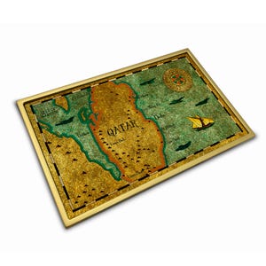 Qatar Coin Tray - Old Map Qatar Arab Sea - Luxury Hand-Painted Wooden Tray - Decorative Sundries tray - Elegant Home Accent