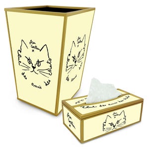 Bath Set - Jean Cocteau Cat Art - Decorative 2-Piece Bath Set - Personalized Hand-Painted Design - Tissue Holder and Paper Basket