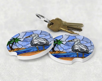 Seagull on Beach with Palm Trees, Sandstone Car Coaster, Bright Stained Glass Look, design #21