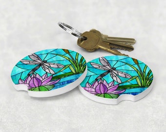 Dragonfly with Flower, Sandstone Car Coaster, Bright Stained Glass Look, design #26