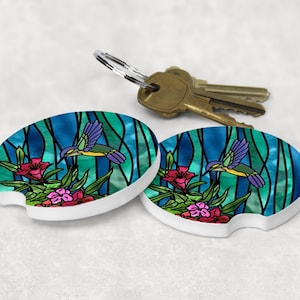 Stained Glass Humming Bird with Flowers Sandstone Car Coaster, Gift For Mom, design CC14 Set of Car Coasters