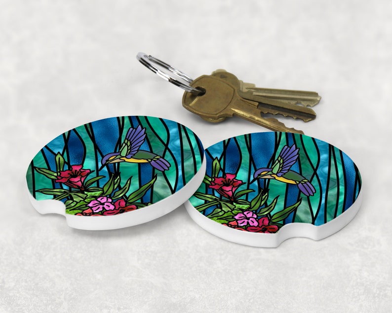 Stained Glass Humming Bird with Flowers Sandstone Car Coaster, Gift For Mom, design CC14 Set of Car Coasters