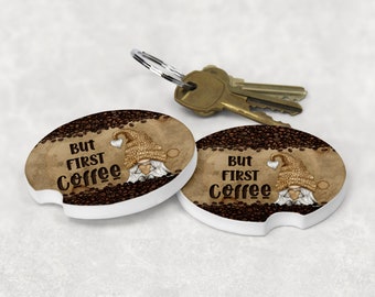 Gnome But First Coffee Sandstone Car Coaster, Absorbent Car Coaster design #CC12