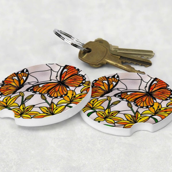 Monarch Butterfly with Yellow Flowers, Sandstone Car Coaster, Bright Stained Glass Look, design #23