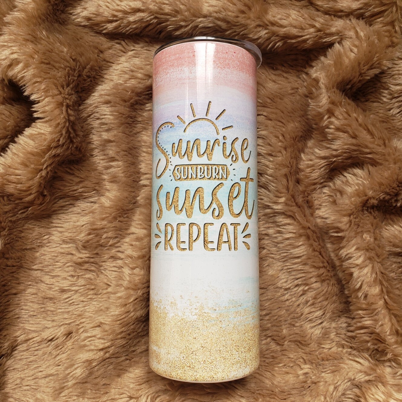 Sunrise Sunburn Sunset Repeat, Pastel Beach Tumbler, 20 Oz Skinny