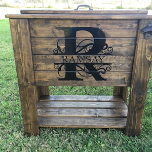 Stained wood cooler stand (dark walnut) with shelf