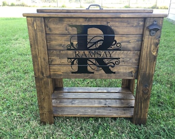 Stained wood cooler stand (dark walnut) with shelf