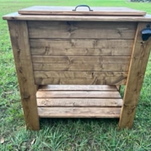 Stained wood cooler stand with bottom shelf