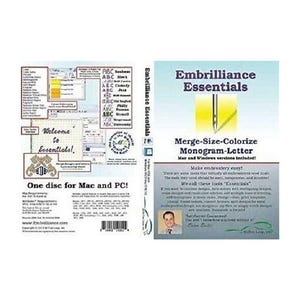 May include: A software package titled "Embrilliance Essentials" is displayed, featuring a pen graphic and the text "Merge-Size-Colorize Monogram-Letter." The packaging includes information about Mac and PC compatibility and embroidery tools.