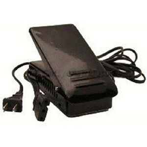 May include: Black foot pedal with a power cord and plug. The foot pedal has a black plastic casing and a smooth surface. The cord is black and has a standard plug.