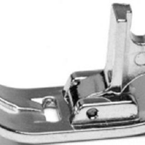 May include: A shiny, silver sewing machine presser foot. The foot has a curved front and a rectangular back with a U-shaped opening. The metal is reflective, showing a bright, clean finish. This sewing machine part is designed for various sewing tasks.