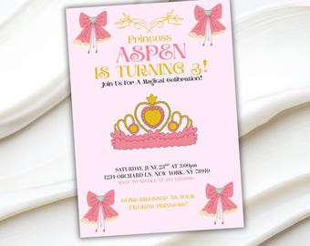 May include: Pink invitation with text "Princess Aspen is Turning 3!" and a gold and pink crown illustration. Includes details for a birthday celebration, with pink bows and decorative elements. The invitation is for a magical celebration.
