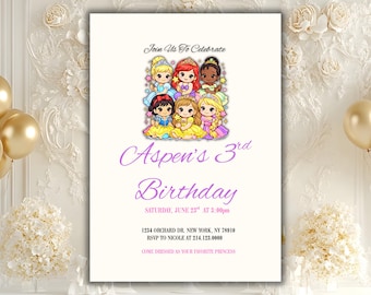 May include: A white invitation card with a princess theme. The card reads "Join Us To Celebrate" and "Aspen's 3rd Birthday". The card includes the date, time, address, RSVP information, and a request to come dressed as a princess.