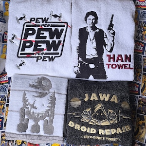 NEW awesome embroidered Star Wars Pew Pew Han Solo Death Star Jawa Droid Repair Decor Bathroom Bath hand kitchen towel hostess gift
