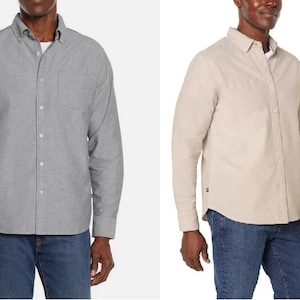 Puede incluir: Dos camisas abotonadas de manga larga. Una es gris claro, la otra es beige. Ambas camisas tienen cuello abotonado, bolsillo en el pecho y se combinan con vaqueros azules. Las camisas son de tejido texturizado.