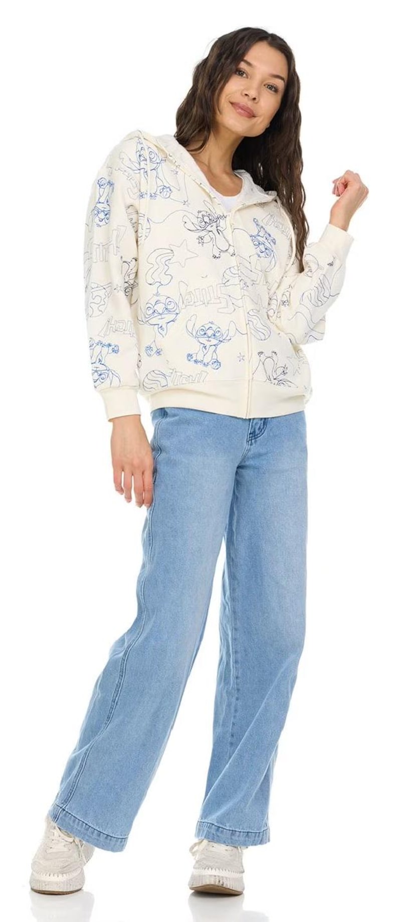May include: A cream-colored zip-up hoodie with a blue cartoon character pattern, paired with light blue wide-leg jeans and white sneakers. The hoodie features a hood and long sleeves. The jeans have a classic five-pocket design.