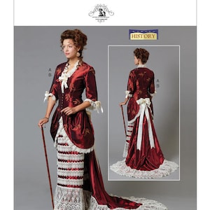 Puede incluir: Un patrón de costura vintage para un vestido rojo y blanco con una cola larga. El patrón es de Butterick y es para Making History. El número del patrón es B6572.